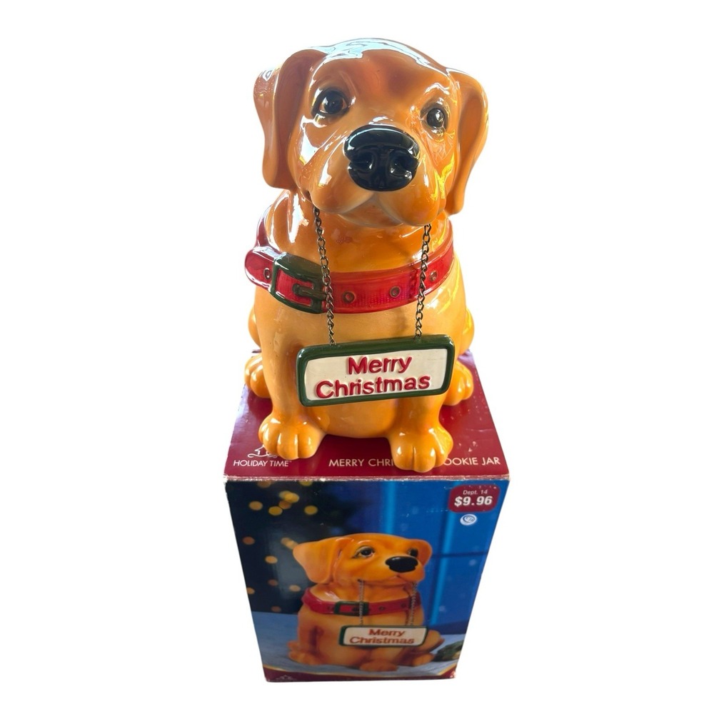 VTG  Yellow Lab Cookie Jar Dog With Hanging‎ Merry Christmas/Welcome Sign
